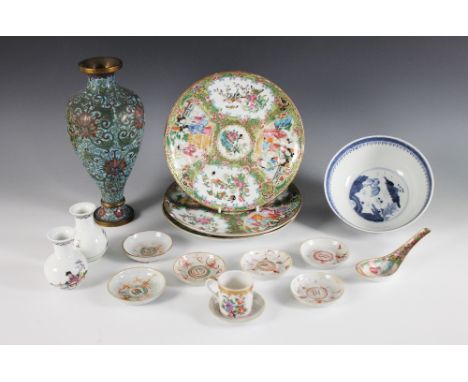 A selection of Chinese porcelain, 19th century and later, to include three famille rose decorated Canton plates, 20cm diamete