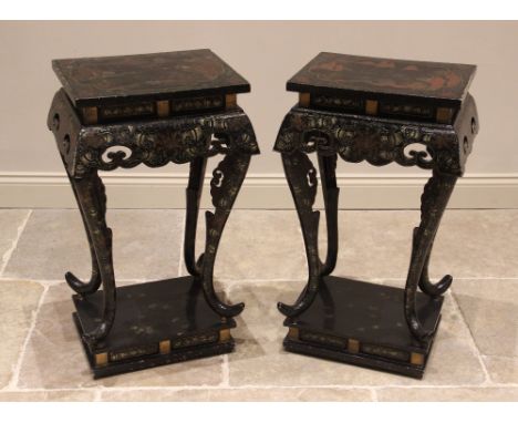 A pair of Chinese lacquered urn stands, the rectangular tops gilt highlighted against a black ground depicting pagoda landsca