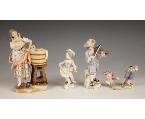 A Meissen porcelain figure modelled as a violinist, early 20th century, the blue striped coat with gilt highlights, set to a 