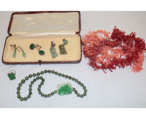 Various pairs of silver and jade mounted earrings, a jade mounted silver dress ring, jade-effect necklace, a selection of nat