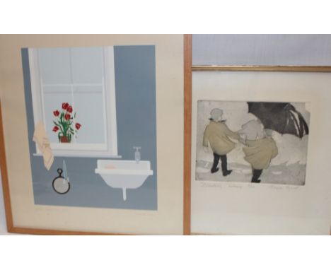 A coloured etching "Blustery Day", signed in pencil Joyce Hurst and one other coloured limited-edition print of an interior s
