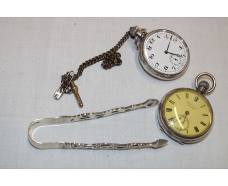 A gentleman's silver cased pocket watch by Benson of London, one other silver cased pocket watch and a silver sugar tongs