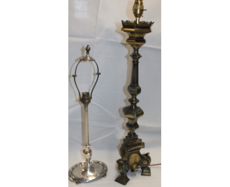 A good quality brass 18th century-style table lamp on a triangular base and one other silver-plated table lamp (2)