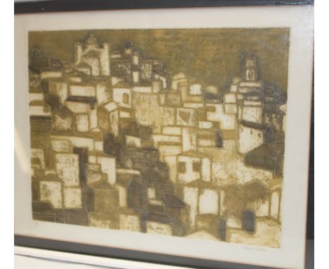 A sepia limited-edition etching of houses by Valeria Thornton, signed, framed and glazed