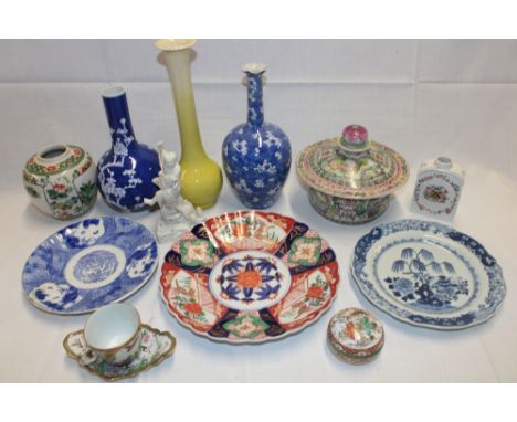 A selection of various Eastern pottery and china including Japanese yellow glazed spill vase, 12" high, 19th century rectangu