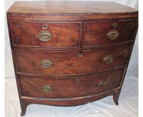 A small 19th century mahogany bow-front chest of two short and two long drawers with brass ring handles on bracket feet, 34" 