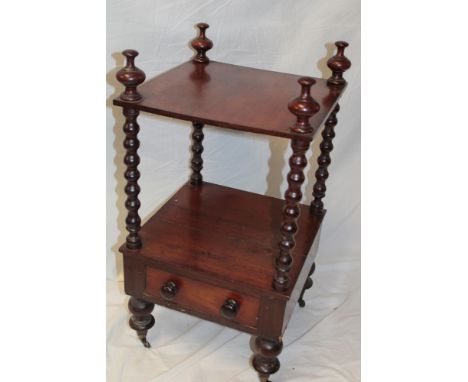 A Victorian mahogany square two-tier whatnot with a drawer in the base and bobbin turned supports, 30" high