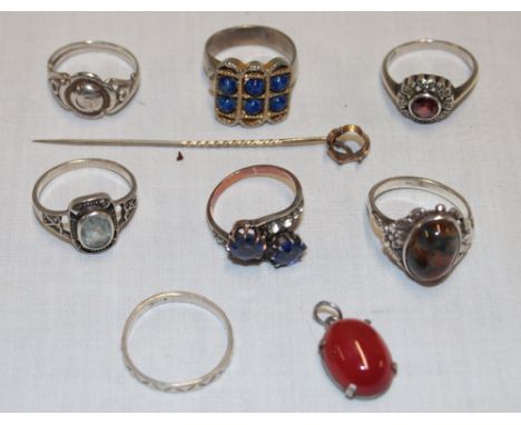 A selection of various dress rings including silver examples, gold mounted stick-pin etc.