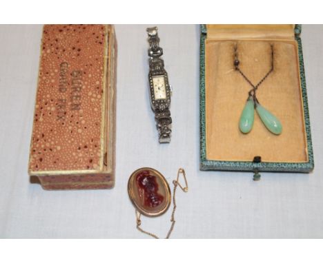 A pair of silver mounted jade droplet earrings, ladies' boxed Buren cocktail watch and a pinch-beck oval brooch set a portrai