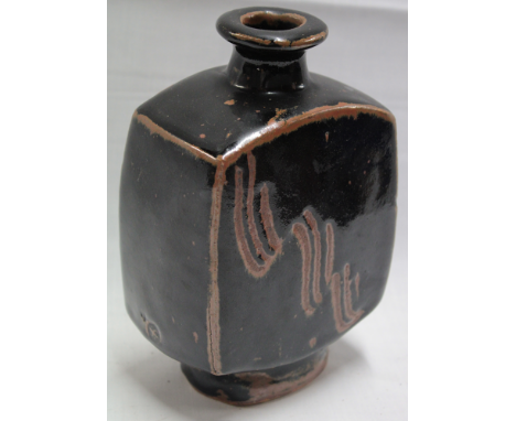 A St. Ives Leach pottery rectangular vase with incised brown decoration on black ground, St. Ives studio mark, 8" high