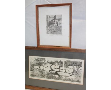 A black and white limited-edition etching "Wall - Boswens Common", signed in pencil Sue Lewington and one other Sue Lewington