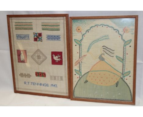 Two Second War folk art-style embroidered tapestry panels, possibly of Prisoner of War origin including a female with bird an