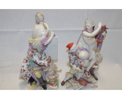 A pair of 19th century porcelain figures in the style of Meissen depicting a semi nude female, the reverse with a monkey arti