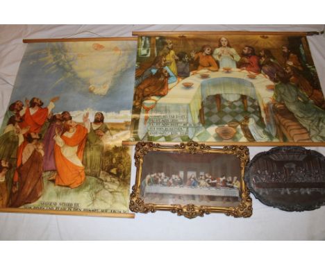 An old coloured engraving depicting the Last Supper in ornate gilt frame,  13" x 19", similar coppered metal oval plaque depi