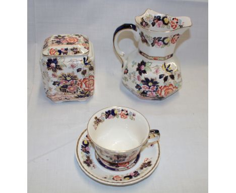 A Masons "Mandarin" pattern octagonal tapered jug, matching rectangular tea caddy and tea cup and saucer (4)