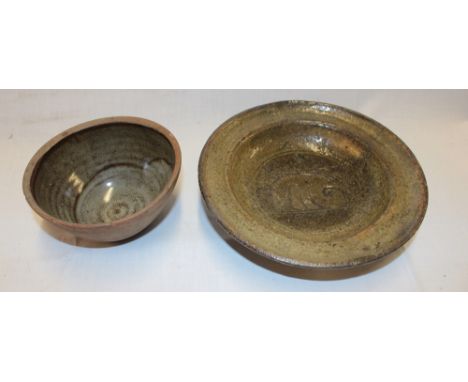 A Leach St Ives studio pottery circular pedestal dish with central incised emblem, 8½" diameter and one other St Ives studio 