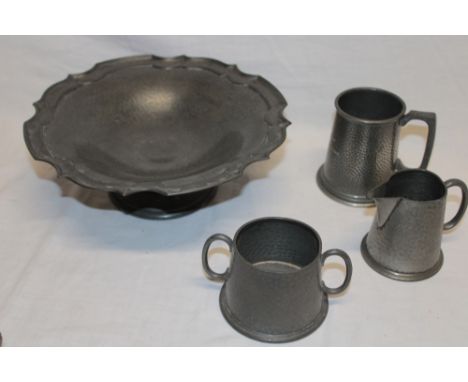 A Cornish tin shaped-circular comport by Wearne & Son Camborne Helston together with a Cornish tin tankard, milk jug and suga