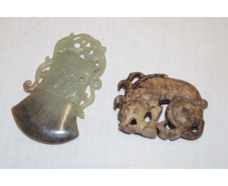 A Chinese jade pendant of tapered form with pierced decoration, 3" long and one other figure of a mythical animal (2)