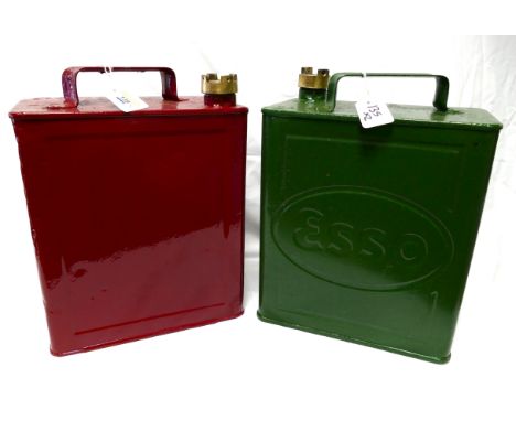 Two 2 Gallon Fuel cans, Green Esso Petroleum Spirit with brass Pratts cap and red SM & BP Ltd with brass Shell Mex cap