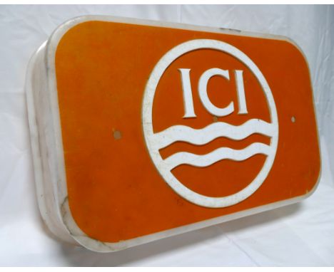 ICI perspex sign, orange and white (cover for a light fitting/ illuminated sign) 48 cm x 30 cm x 9.5 cm.  CONDITION REPORT: T