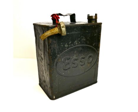 Esso Petroleum Spirit petrol can, black, with spout, Esso marked to all four sides.