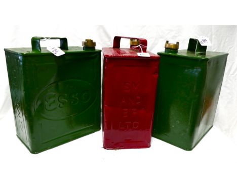 Three 2 Gallon Petroleum Sprit petrol fuel cans, green Esso with brass AA Co Ld cap, red SM and BP Ltd with brass Shell cap a