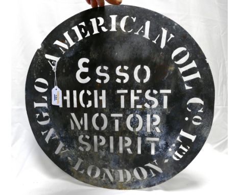 Rare Esso High Test Motor Spirit Anglo American Oil Co Ltd London, barrel stencil/template, diameter 45.5 cm 