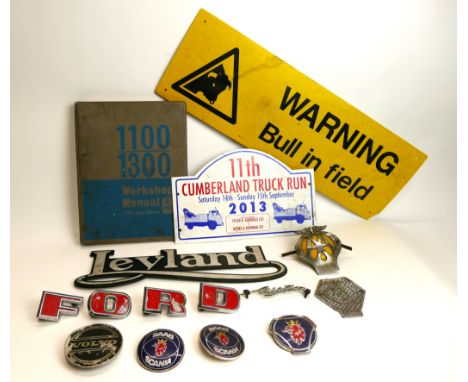 British Leyland 1100-1300 and Riley Kestrel workshop manual, Bull in Field sign, 11th Cumberland Truck Run sign, AA badges, c