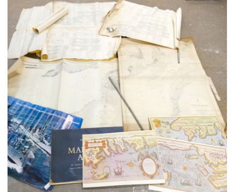 Marine map of the Shannon dated 1951, 1928 marine map of the Solway Firth, posters of RFA Goldrover, The Marine Atlas set of 