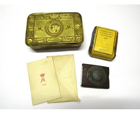 A WWI Christmas 1914 Princess Mary gift tin with contents including card, 1917 “Active Service” Testament 1917, original toba