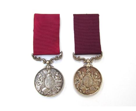 Two Army Long Service and Good Conduct Medals (2nd Type) with scrolled swivel suspenders. One renamed to 141. PTE W. BALL, 25