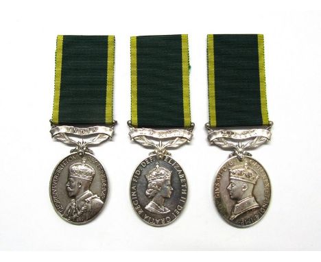 Three Efficiency Medals: George V with India bar named to CPL. J. HARRIS.1G. I. P. RY.R. A.F.I., George VI with Militia bar n