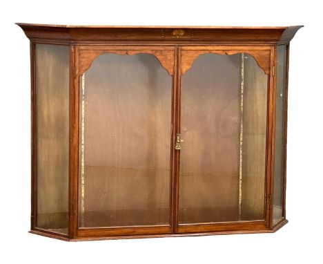 A large Late 19th Century inlaid mahogany wall hanging shops display cabinet. With 2 glass shelves. Needs shelf supports. 171