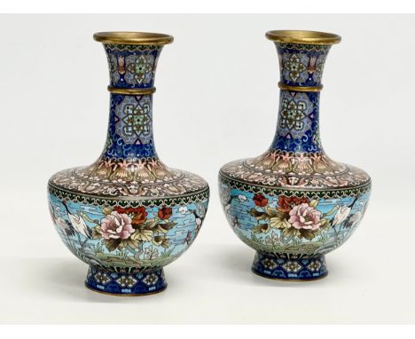 A pair of Early/Mid 20th Century Japanese cloisonne enamel vases. 16x27cm