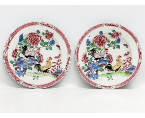 A pair of Early 18th Century Chinese Famille Rose “Cockerel” plates. Emperor Yongzheng/Early Qianlong. 23.5cm.