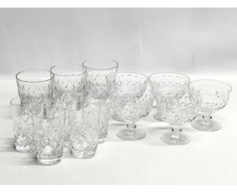 A set of vintage crystal drinking glasses. 3 whiskey glasses, 5 cocktail/dessert glasses, 5 tumbler glasses