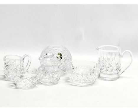 Waterford Crystal. A small honey pot, 2 sets of milk jugs and sugar bowls, bulbous vase.