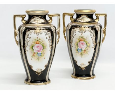 A pair of large Early 20th Century Japanese hand painted urn style vases. By Noritake. 20x17x31cm.