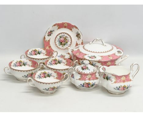 A Royal Albert “Lady Carlyle” part dinner service. Tureen, milk jug, sugar bowl, 4 soup bowls and saucer