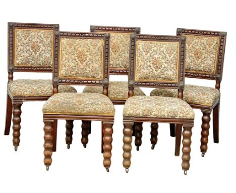 A set of 5 good quality Victorian heavy oak dining chairs, with bobbin turned legs.(11)