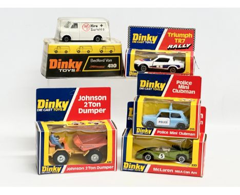 5 vintage Dinky Die Cast Toys. A McLaren M8A Can Am. A Police Mini Clubman. A Johnson 2 Ton Dumper. A Triumph TR7 Rally. A Be