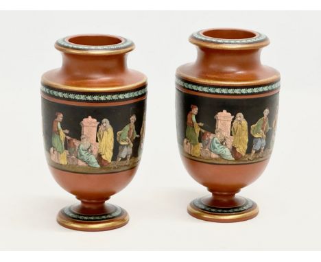 Felix &amp; Richard Pratt (F &amp; R Pratt &amp; Co) A pair of good quality Mid 19th Century painted terracotta vases. Prattw