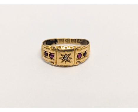 A Victorian 18ct gold ruby &amp; diamond ring, 1.58 grams total. Size E.    (8)