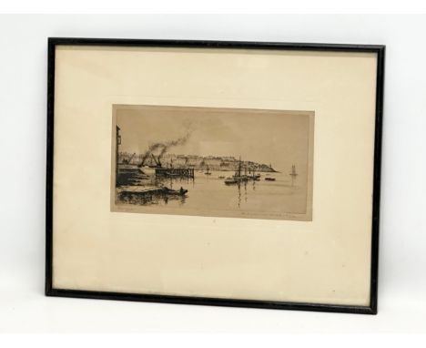 Robert Cresswell Boak. An etching of Bangor. Early 20th Century. 27x14cm. Frame 44x34cm