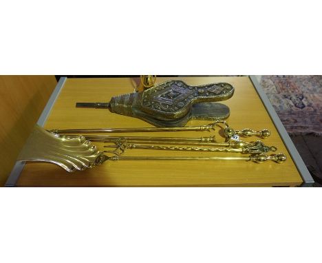 Four Brass Fire Irons, Comprising of a pair of tongs, poker, shovel and toasting fork, also with a set of bellows and a brass