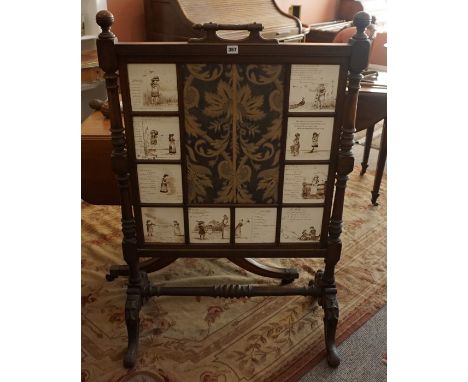 A Victorian Mahogany Firescreen, Decorated with ten tiles, signed A Cunningham, after poems by William Wandsworth, raised on 