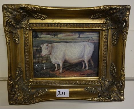 Three Reproduction Animal Portrait Pictures, Depicting two cows and a horse, all signed to lower right, 11cm x 16cm, in gilt 