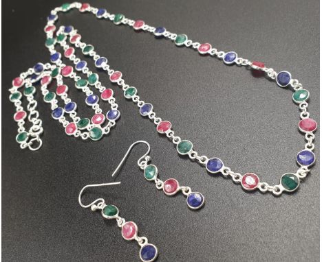 28 inches Long Ruby, emerald and Blue Sapphire long chain necklace in 925 silver with matching dangler earrings 