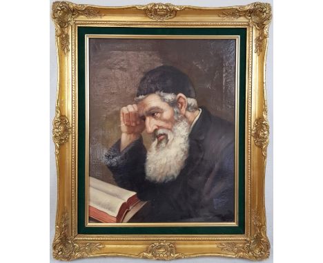Vintage Oil on Canvas by Jewish Artist J. Rut. Portrait of a Rabbi in deep thought. Beautiful Gilded Frame.53 x 63cm 