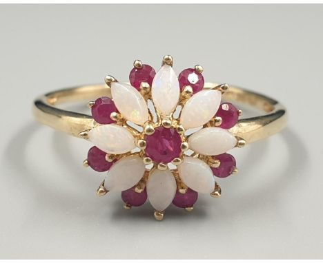 9K YELLOW GOLD VINTAGE OPAL AND RUBY CLUSTER RING FLOWER DESIGN, WEIGHT 2.2G SIZE U 